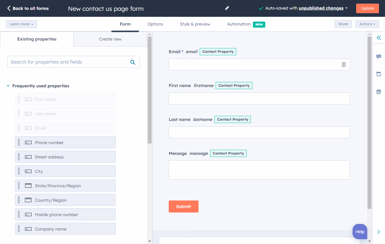 HubSpot form builder