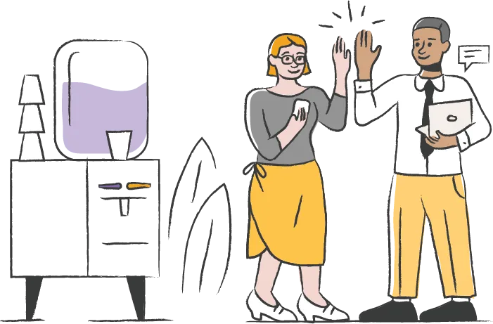 Teammates by a water cooler in an office